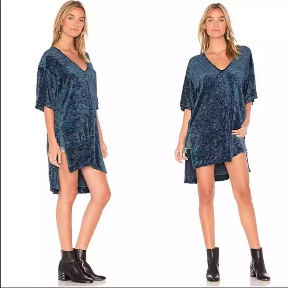 Free People Tunic Dress Womens Teal Crushed Velvet V-Neck High‎ Low XS